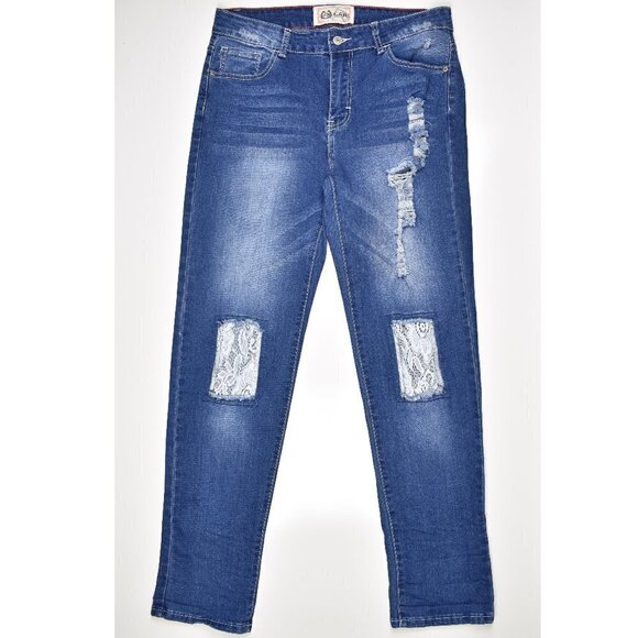 L&B Distressed Lace Patch Straight Jeans 12 - Picture 1 of 7